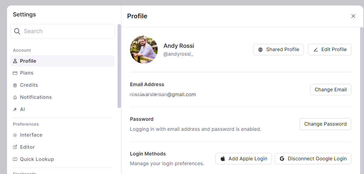 个人资料设置页面。您可以在此处更改电子邮件等。