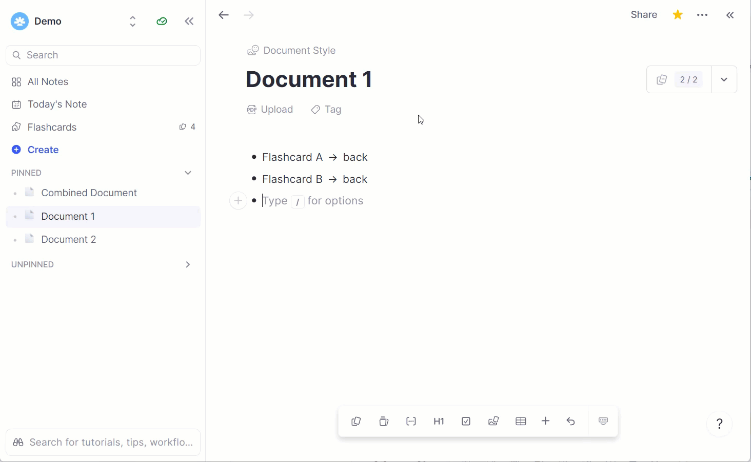 如何将多个文档添加到新的“组合”文档中以一起练习的示例。