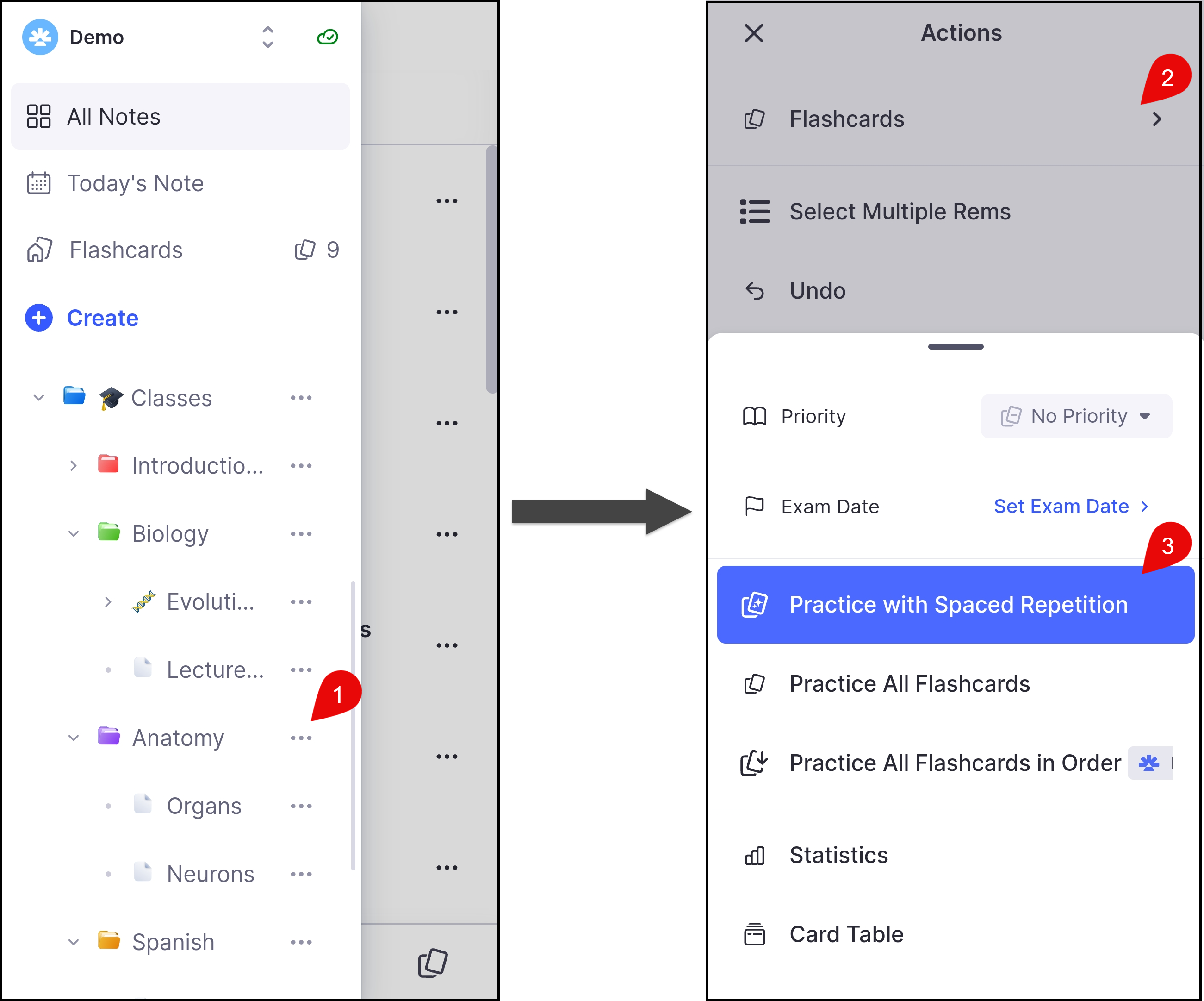 在移动应用中从侧边栏选择文档进行练习。