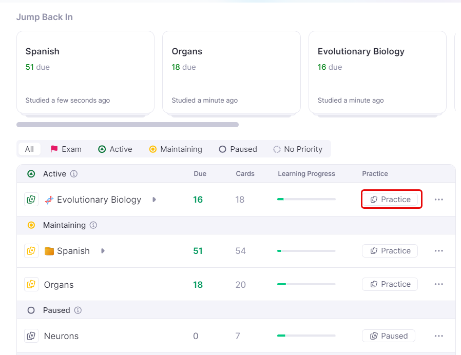 从记忆卡片主页选择要练习的文档或文件夹。