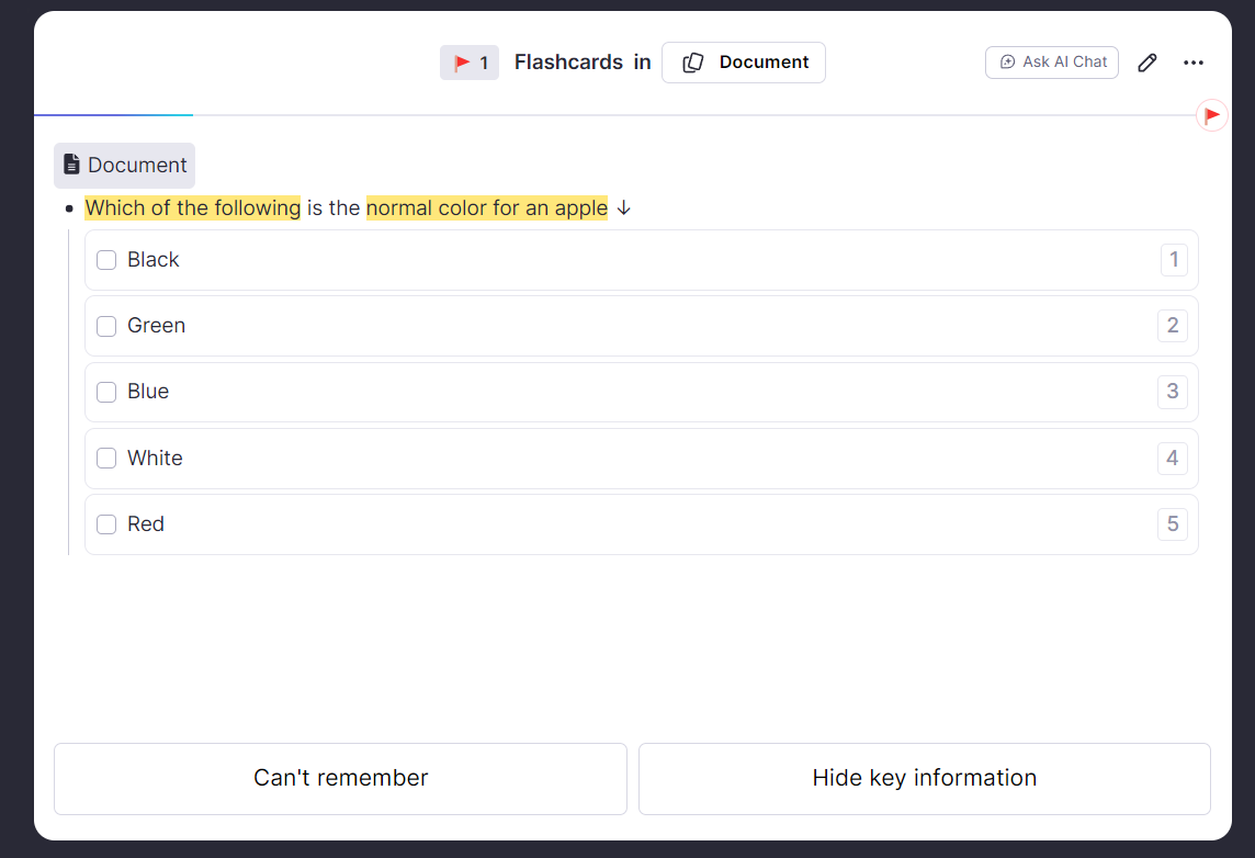 选择题记忆卡片的“高亮关键信息”功能