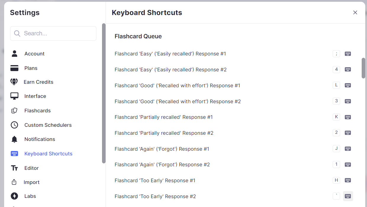 RemNote 键盘快捷键设置中的记忆卡片队列部分。您可以在此处编辑所有快捷键。