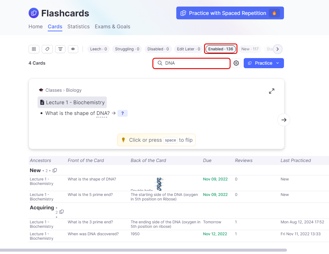在卡片表格中过滤包含文本"DNA"的已启用卡片。