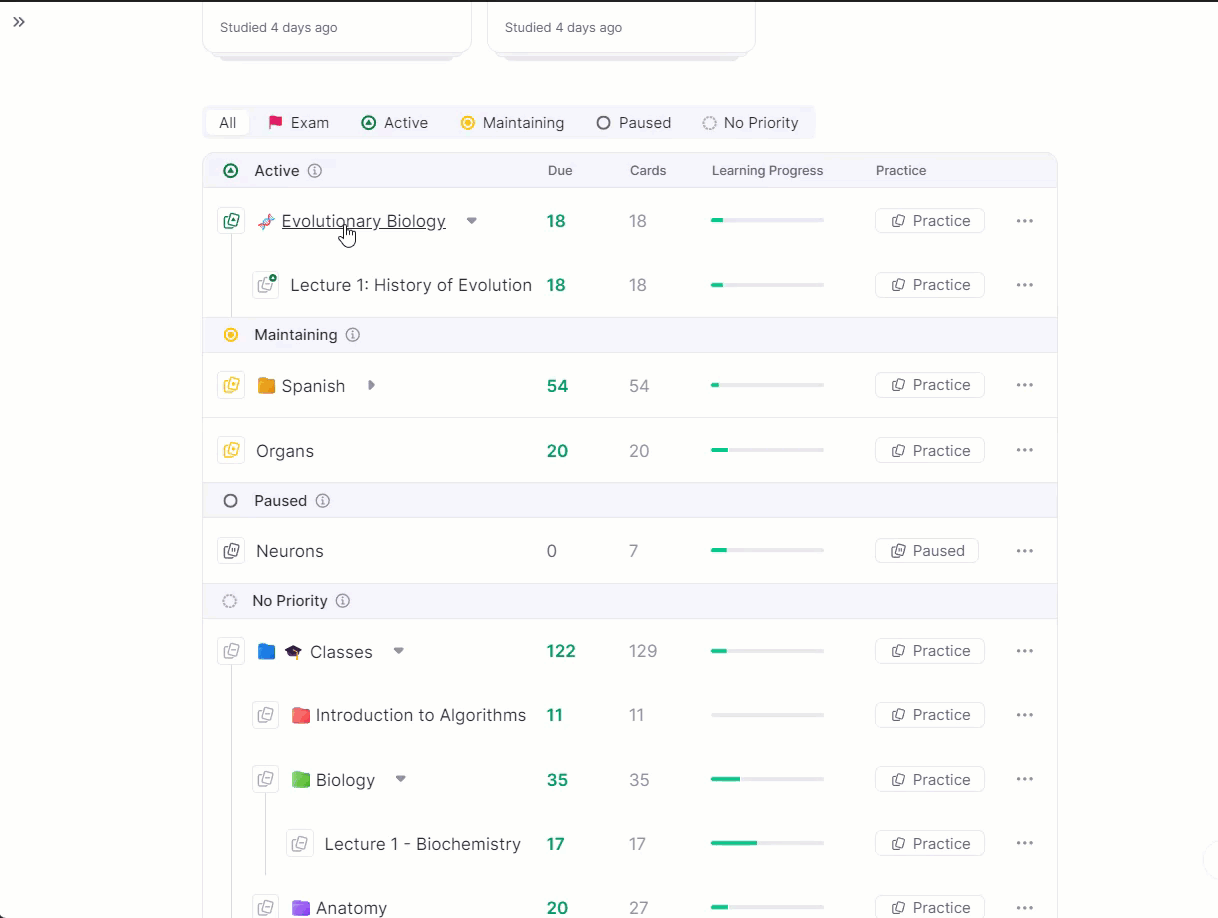 从记忆卡片主页访问特定文档或文件夹的卡片表格。