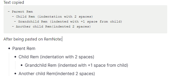 示例展示了使用或不使用短横线的文本在粘贴到 RemNote 时将保留其缩进。